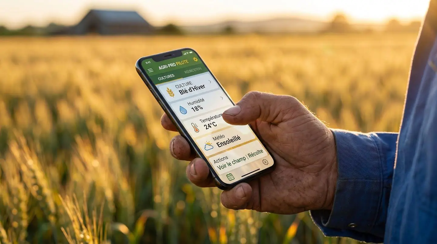 Gros plan sur la main d'un agriculteur tenant un smartphone affichant une interface d'application de traçabilité agricole, avec un champ de céréales en arrière-plan flouté