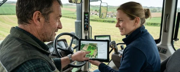 Un agriculteur et un conseiller agricole consultent ensemble une tablette tactile dans la cabine d'un tracteur moderne, vus de profil dans une parcelle cultivée