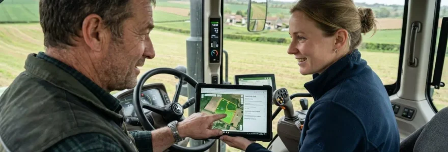 Un agriculteur et un conseiller agricole consultent ensemble une tablette tactile dans la cabine d'un tracteur moderne, vus de profil dans une parcelle cultivée