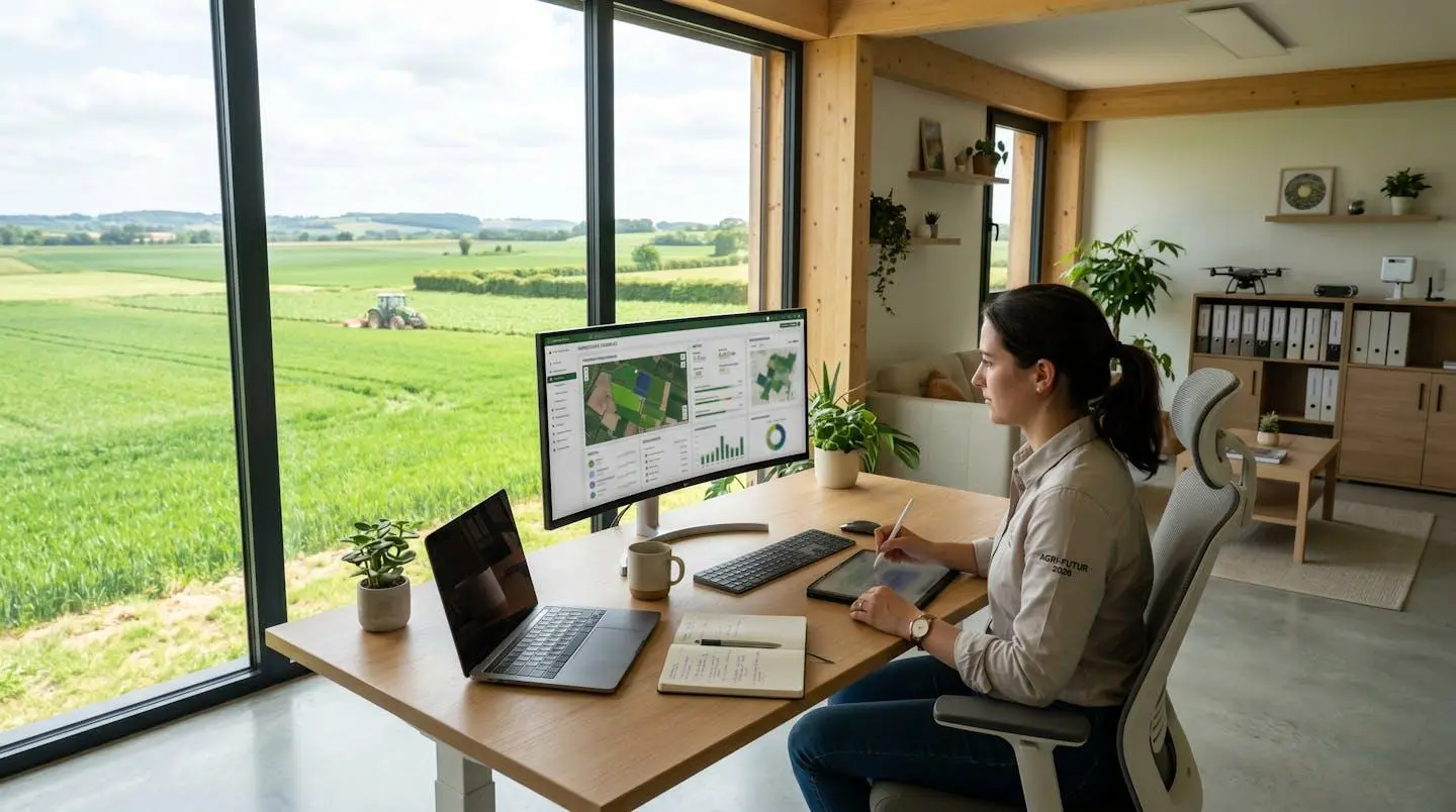 Bureau moderne d'une exploitation agricole avec un écran d'ordinateur affichant un tableau de bord de traçabilité agricole aux données floutées, fenêtre donnant sur un champ cultivé
