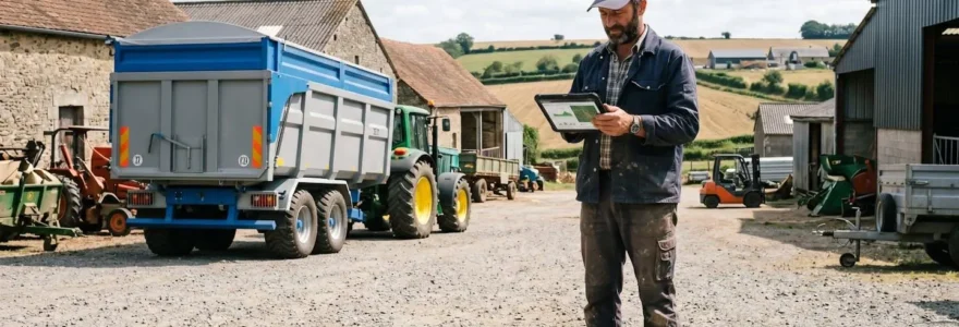 Agriculteur consultant une tablette numérique devant une remorque agricole d'occasion dans une cour de ferme