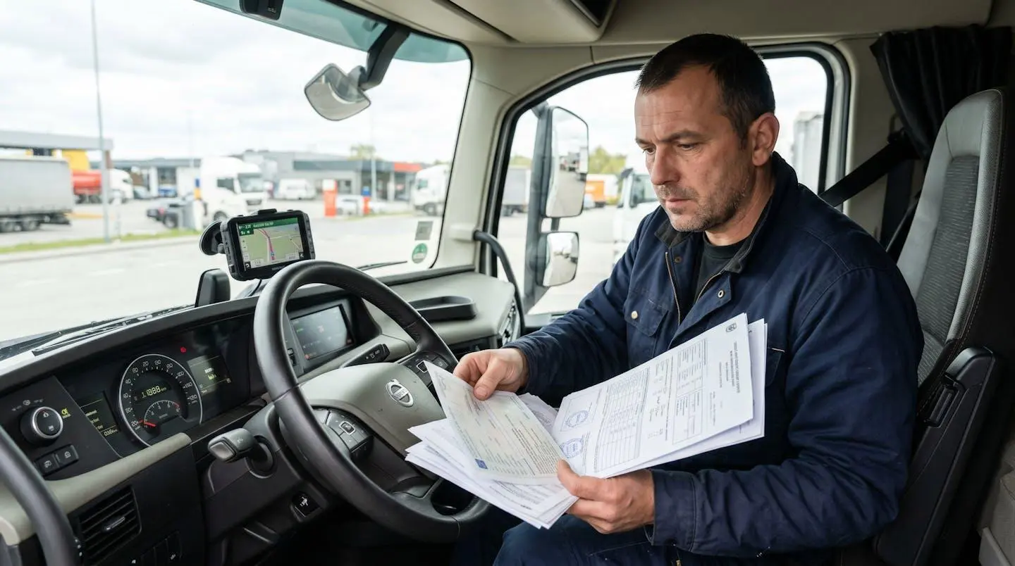 Homme assis dans la cabine d'un camion examinant des documents administratifs sur le volant