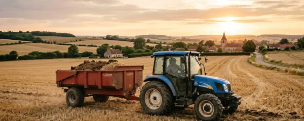 Petit tracteur agricole attelé à une benne renversante d'occasion dans un champ labouré