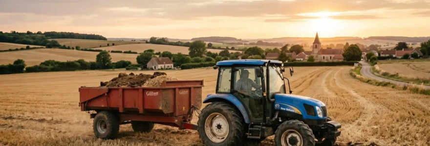 Petit tracteur agricole attelé à une benne renversante d'occasion dans un champ labouré