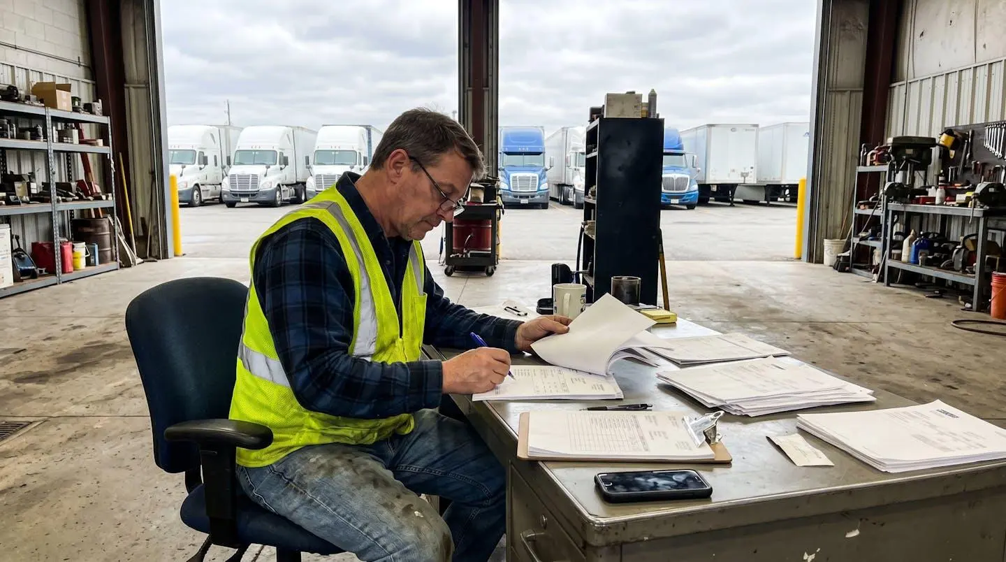 Transporteur vérifiant des documents papier sur un bureau dans un dépôt de véhicules industriels