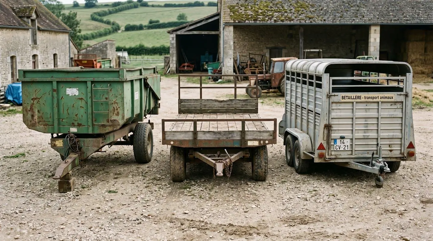 Vue comparative de trois types de remorques agricoles d'occasion : benne céréalière, plateau et bétaillère
