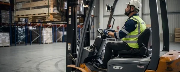 Opérateur de chariot élévateur manipulant une palette chargée dans un entrepôt industriel