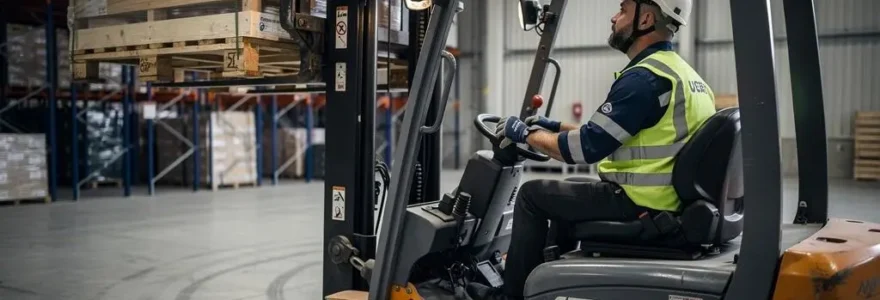 Opérateur de chariot élévateur manipulant une palette chargée dans un entrepôt industriel