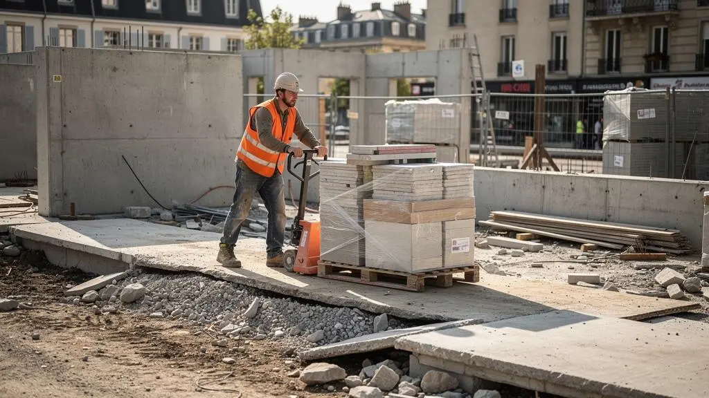 Ouvrier déplaçant un transpalette chargé de matériaux sur un chantier de construction
