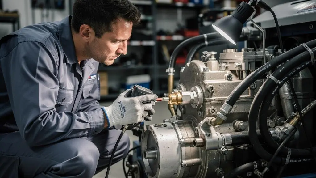 Technicien inspectant les composants hydrauliques d'un équipement de levage dans un atelier de maintenance